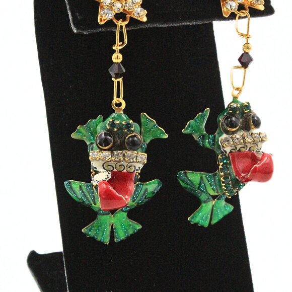 Magnificent Lunch At Ritz Enamel Frog Christmas Tree Holiday Brooch Earrings Se - Picture 8 of 12